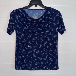 New Ann Taylor Vine Floral Navy Blue Cowl Neck Short Sleeve Jersey Knit Top SP